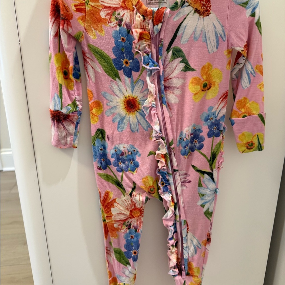 Posh Peanut Pink Floral Ruffle Zip Romper